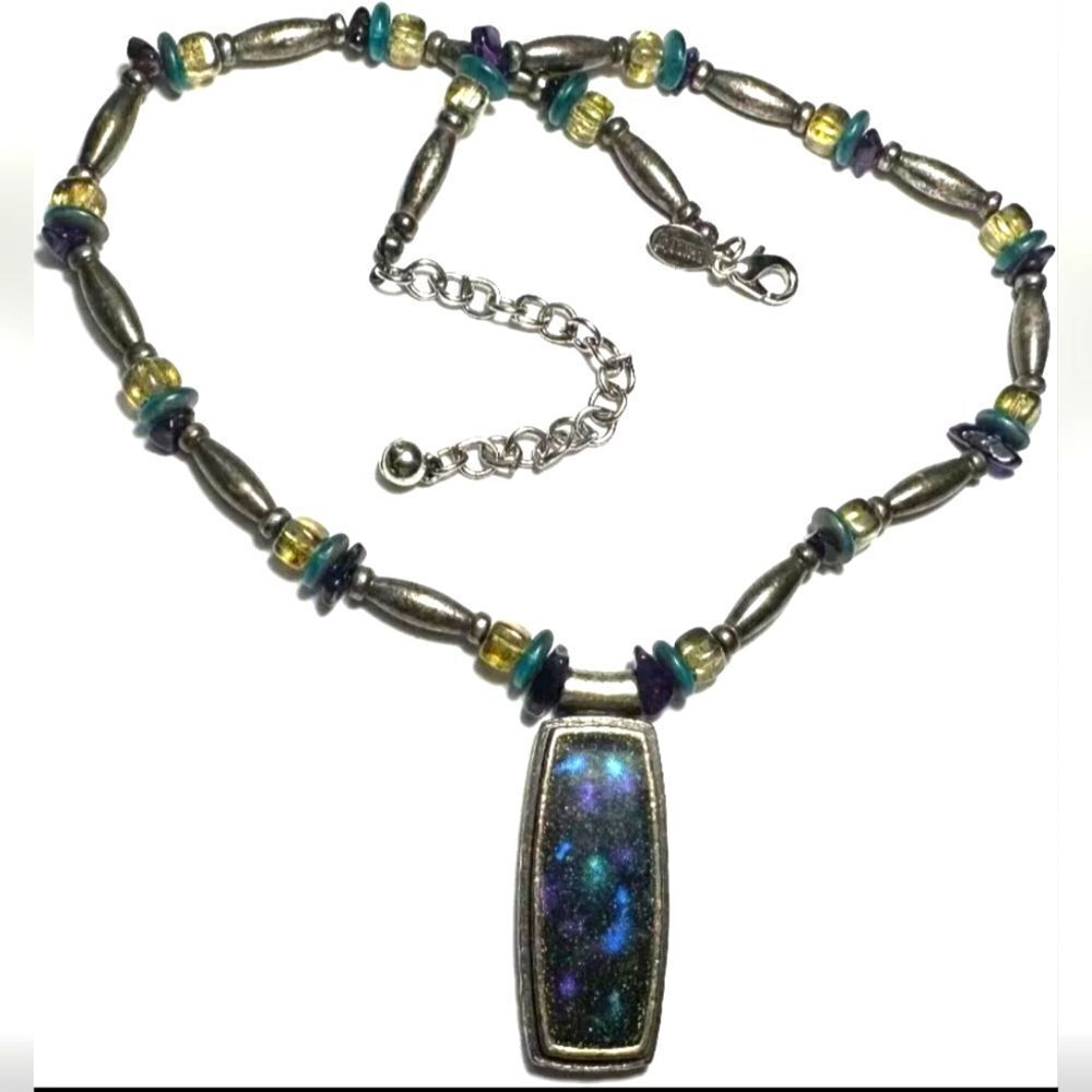 Vintage  Necklace signed CHICO'S Silver Tone Metal Bead Enamel Galaxy 17.5-20"